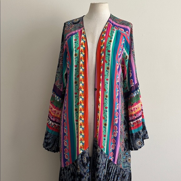 Johnny Was SILK GEMMA PLEATED Colorful Bohemian LONG KIMONO sz Large NWT - Picture 4 of 11